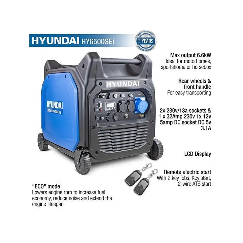 Hyundai 6.6kW Remote Electric Start Petrol Portable Inverter Generator  HY6500SEi Features