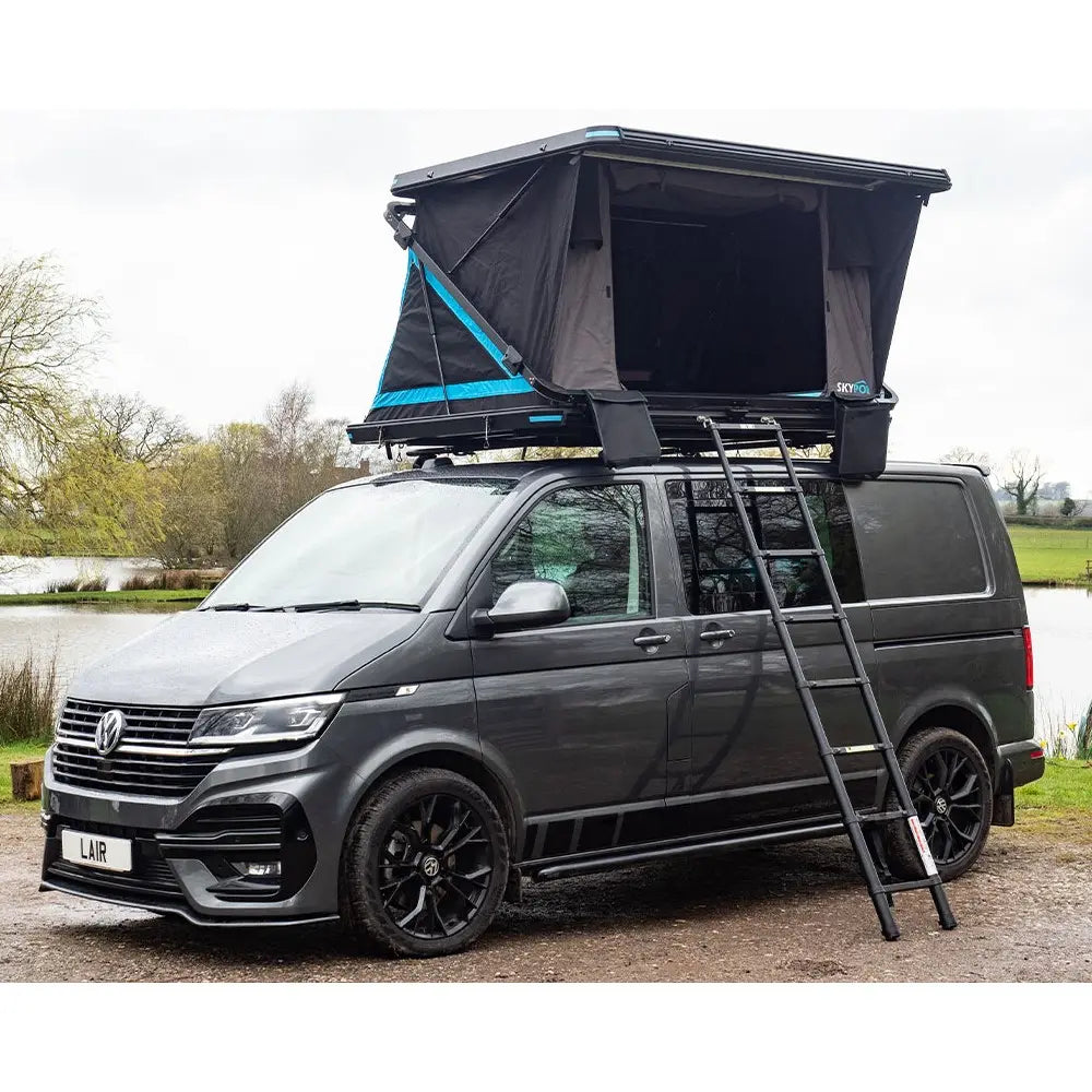 SkyPod Lair Roof Tent set up on van with access ladders connected