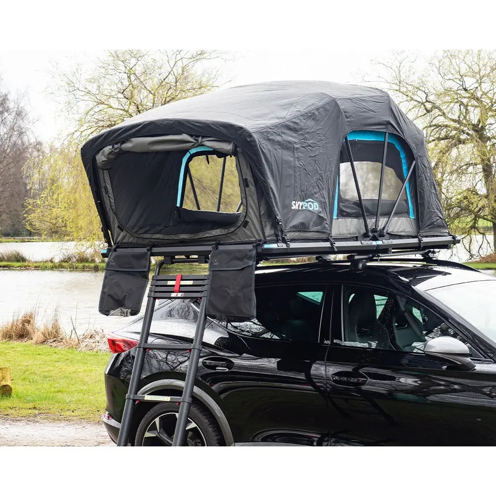 SkyPod Lite Rooftop Tent set up on car ladders and entrance view