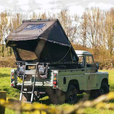 Tent and Trail Adventure Series Rooftop tent rear view set up on back of trailer truck