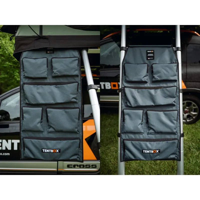 Two TentBox Utility Pockets One Hanging From Lite Rooftop Tent and the other on the Ladders