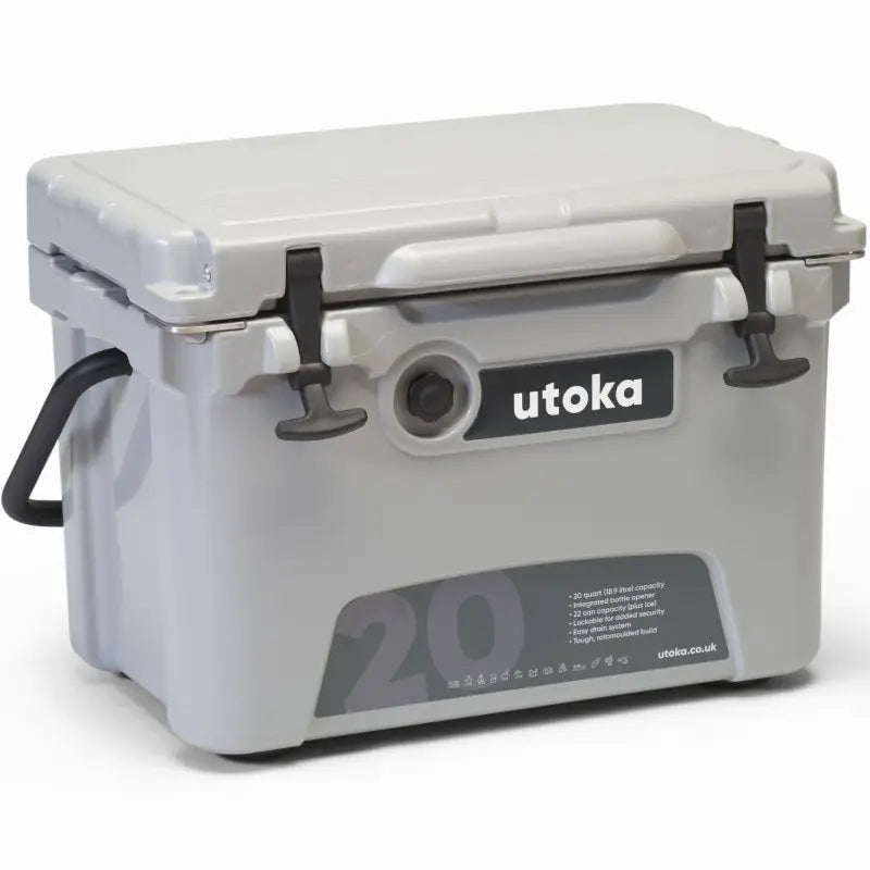 Utoka 20 Grey 18L Cool Box Front Angle View With Lid Closed