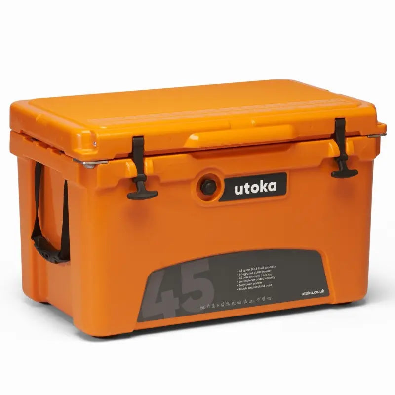 Utoka 45 orange 42 litre cool box front angle view