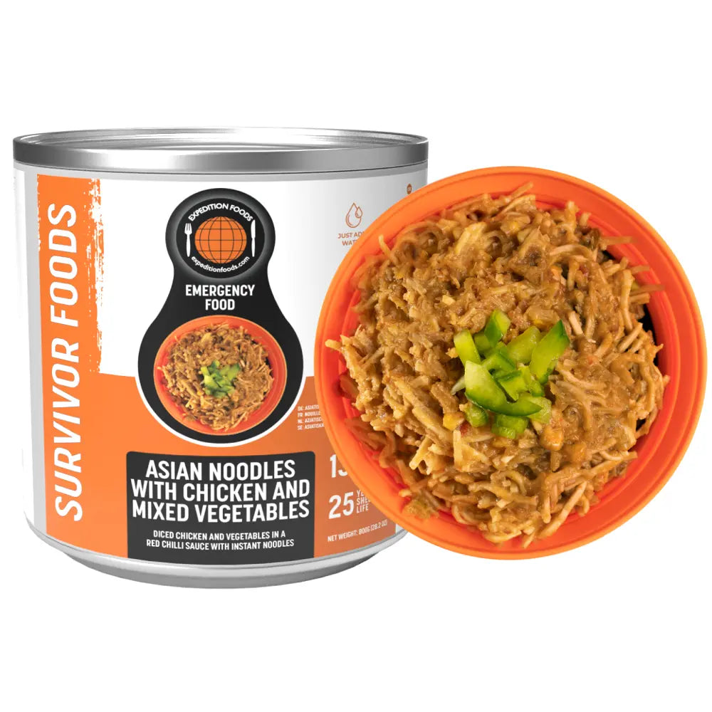 expedition foods tin and prepared meal of asian noodles with chicken and mixed veg