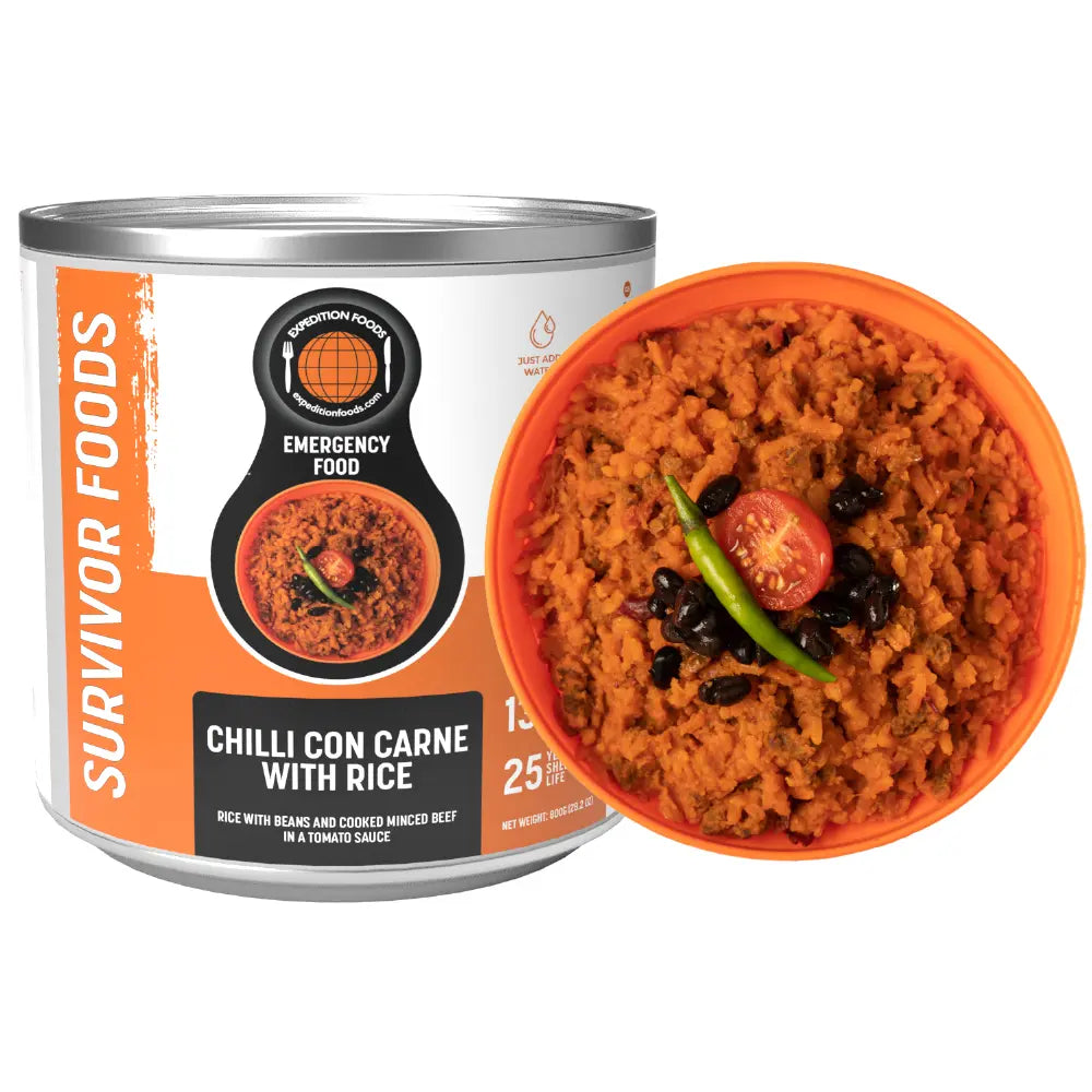 expedition foods tin of chilli con carne and prepared meal