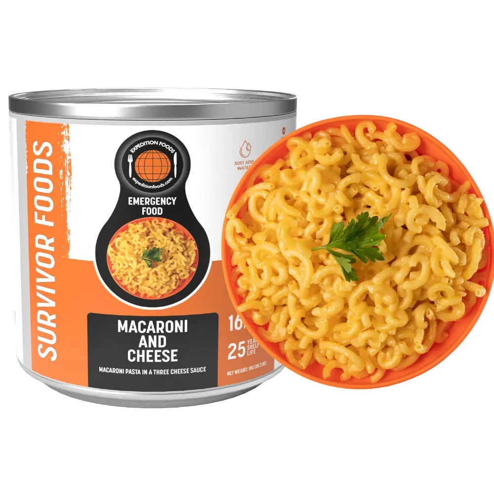 expedition foods tin of macaroni and cheese and prepared meal