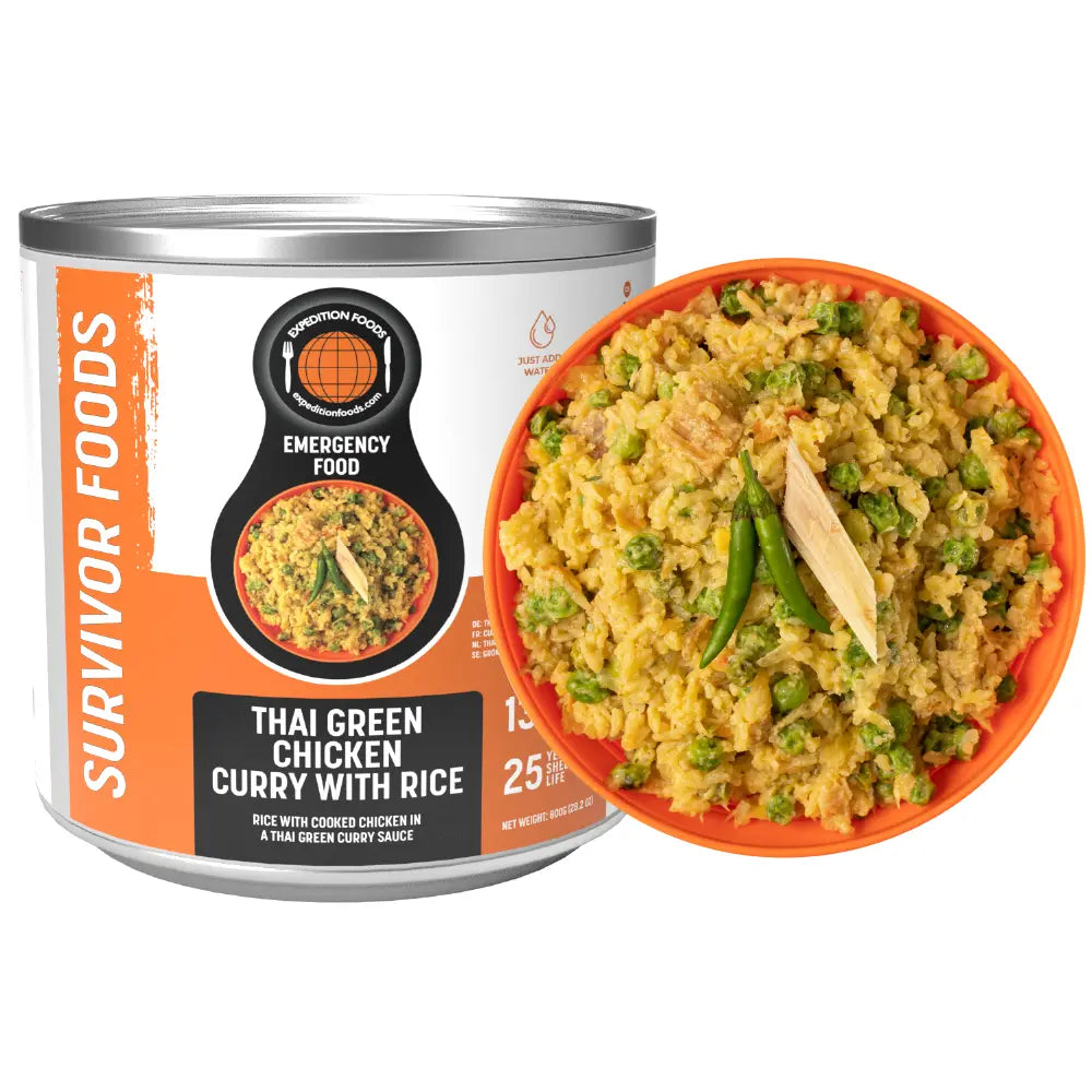 expedition foods tin of thai green chicken curry with rice and prepared meal