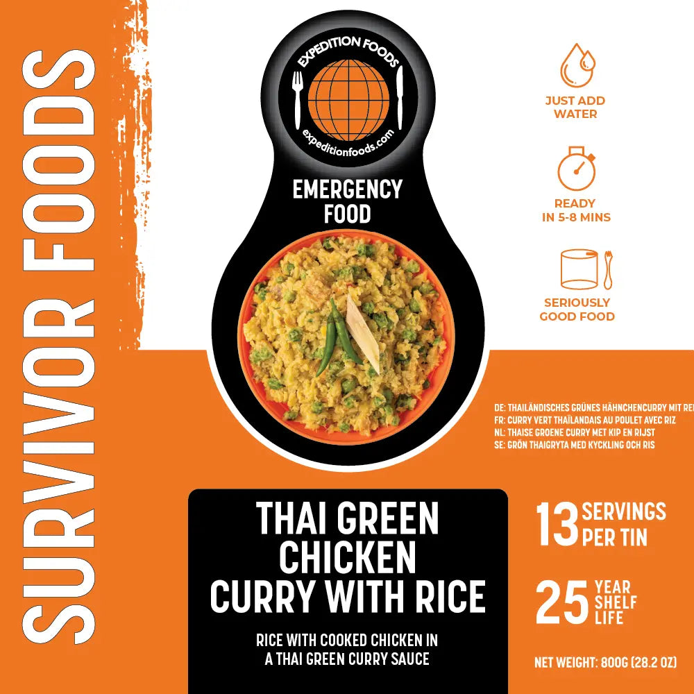 expedition foods tin of thai green chicken curry with rice front label