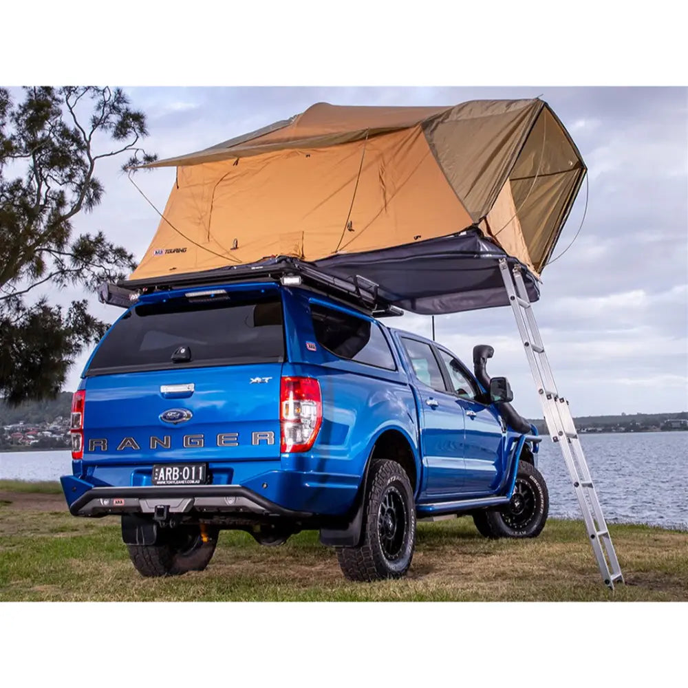 rear view of the ARB flinders tent set up on 4x4 with ladders extended out at an angle