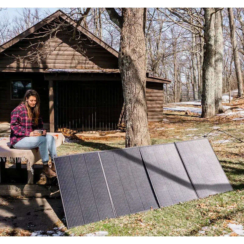 Bluetti PV420 Solar Panel In Use at Log Cabin