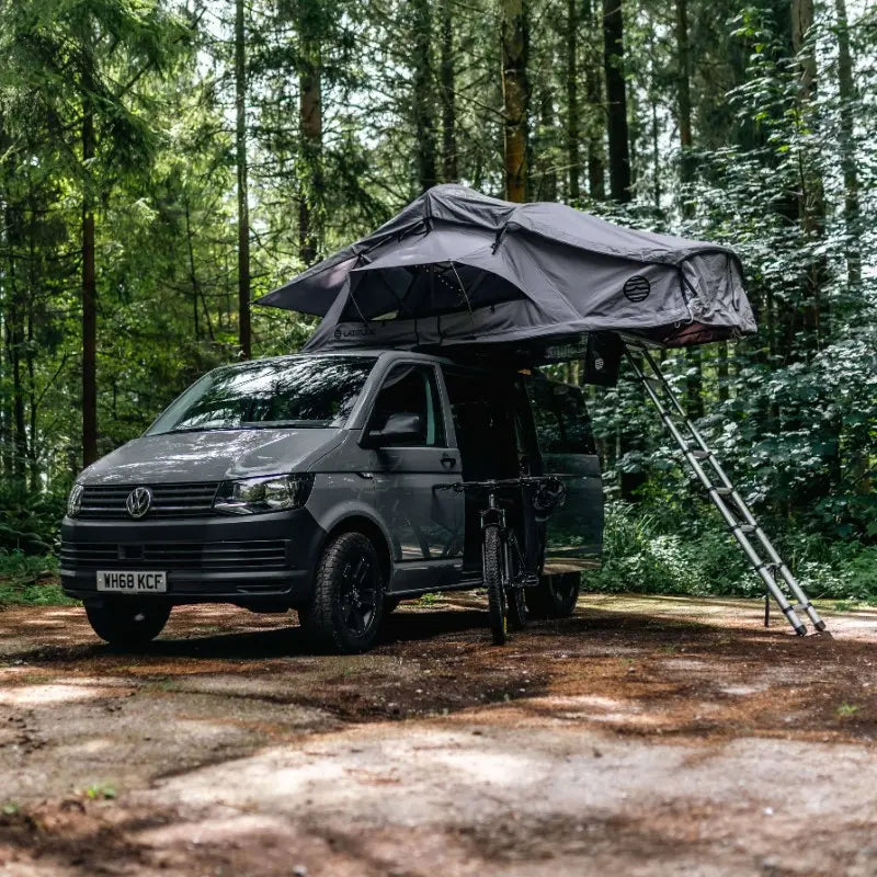 Latitude Pioneer Rooftop Tent Dark Grey On Van Front Side View