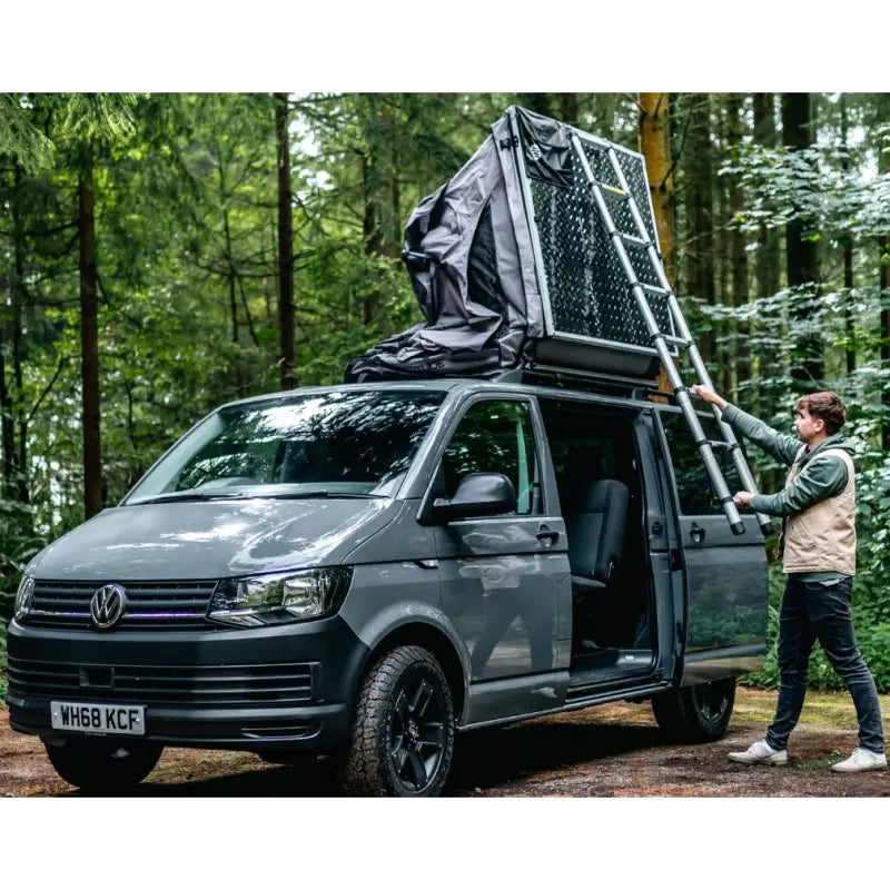 Latitude Pioneer Rooftop Tent Dark Grey Setting Up View