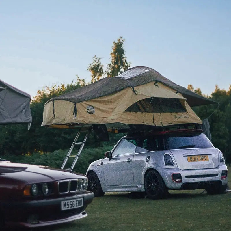 Latitude Pioneer Rooftop Tent Khaki On Car Rear Angled View