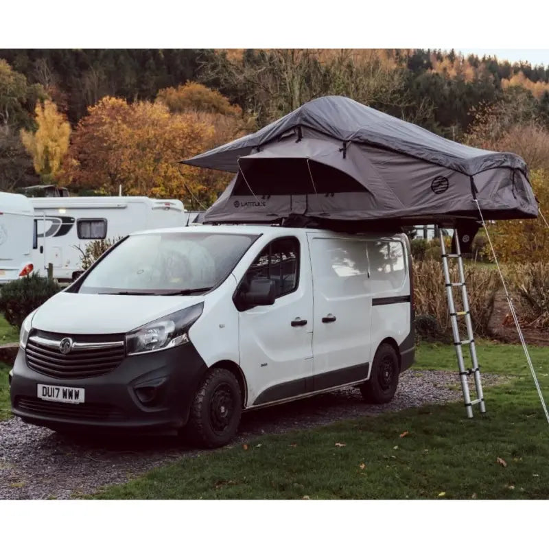 Latitude Pioneer XL Rooftop Tent Dark Grey On Van Front View